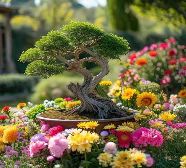 盆景石与鲜花的视觉盛宴